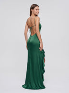 Emerald Green Satin A-Line Straight Neck Backless Floor-Length Dress with Cascading Ruffles and Slit - Curvevia