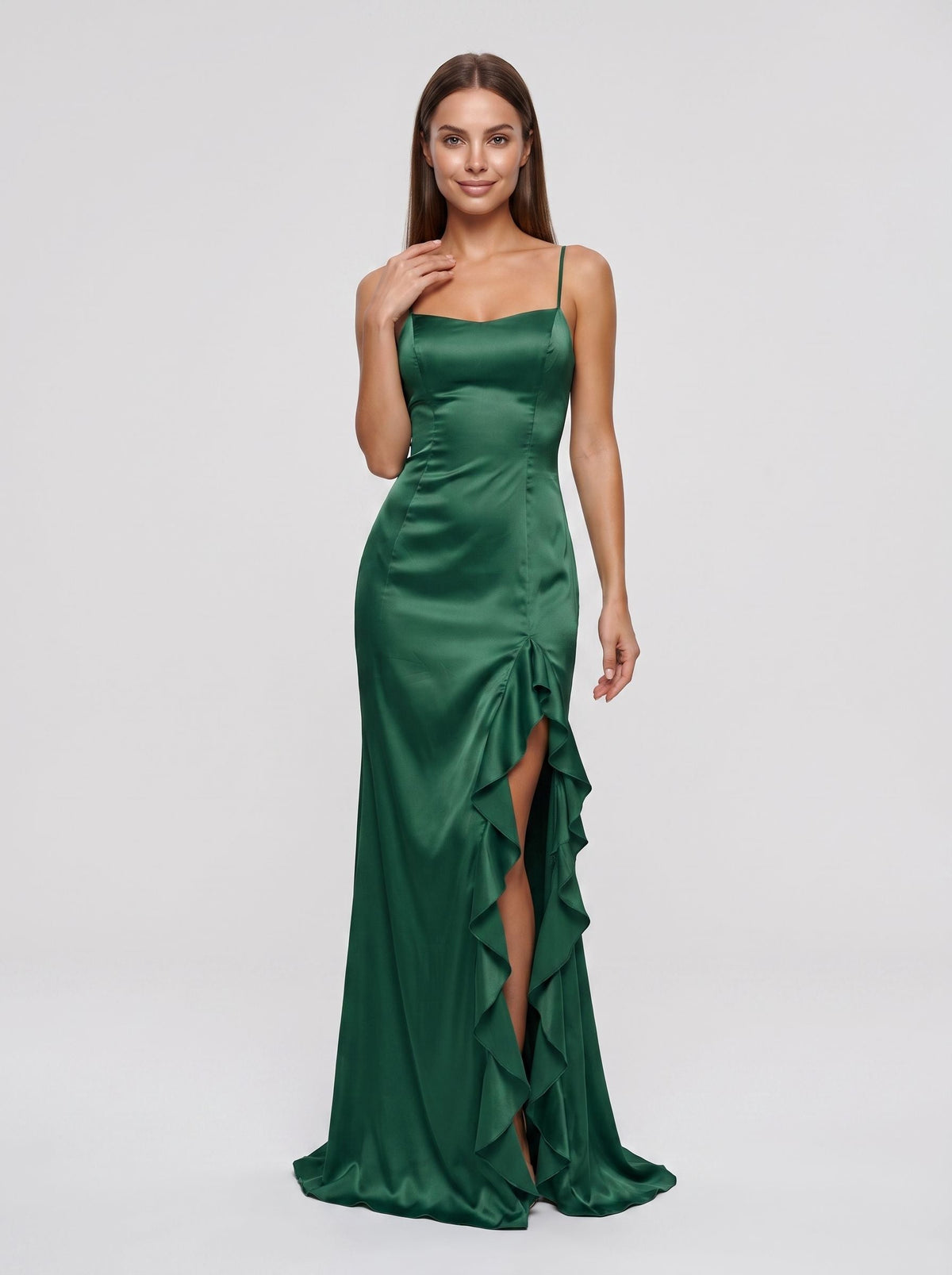 Emerald Green Satin A-Line Straight Neck Backless Floor-Length Dress with Cascading Ruffles and Slit - Curvevia