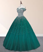 Emerald Green Off The Shoulder Tulle Quinceanera Dresses With Beadings - Curvevia