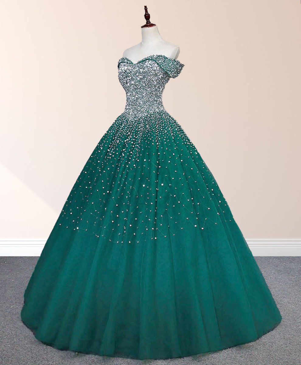 Emerald Green Off The Shoulder Tulle Quinceanera Dresses With Beadings - Curvevia