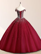 Emerald Green Off The Shoulder Tulle Quinceanera Dresses With Beadings - Curvevia