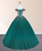 Emerald Green Off The Shoulder Tulle Quinceanera Dresses With Beadings - Curvevia