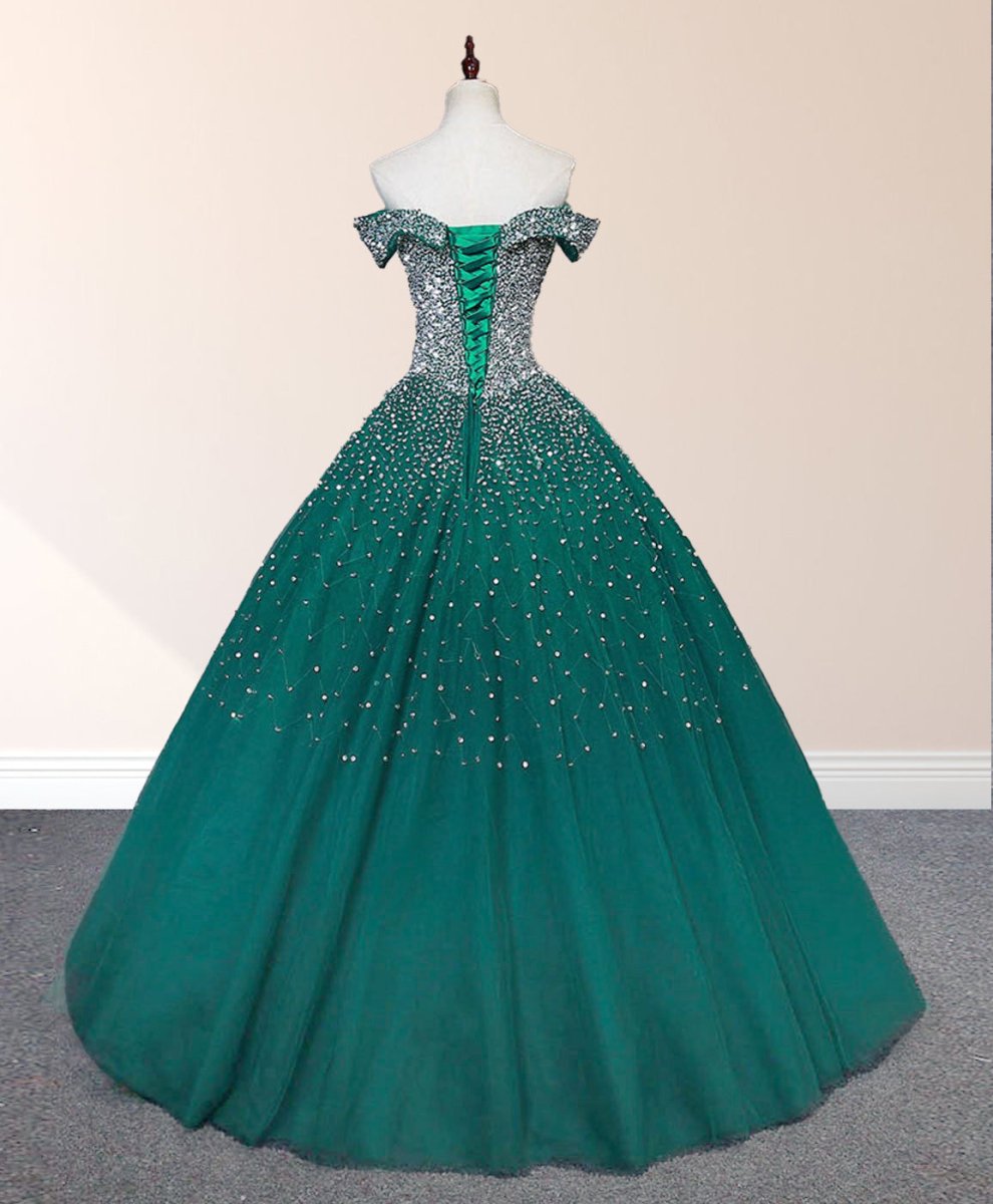 Emerald Green Off The Shoulder Tulle Quinceanera Dresses With Beadings - Curvevia