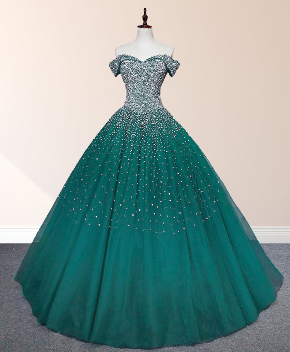 Emerald Green Off The Shoulder Tulle Quinceanera Dresses With Beadings - Curvevia