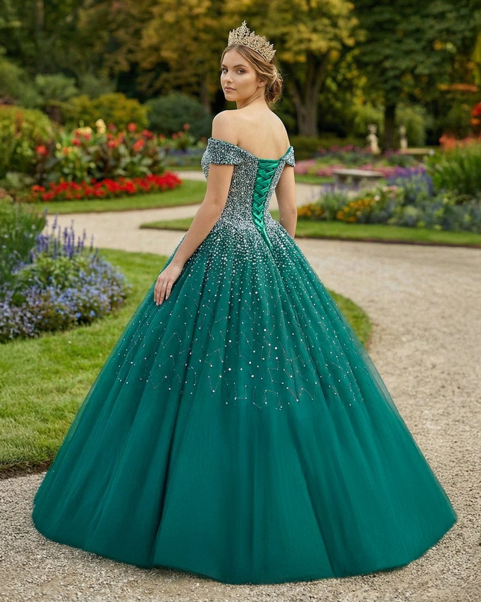 Emerald Green Off The Shoulder Tulle Quinceanera Dresses With Beadings - Curvevia