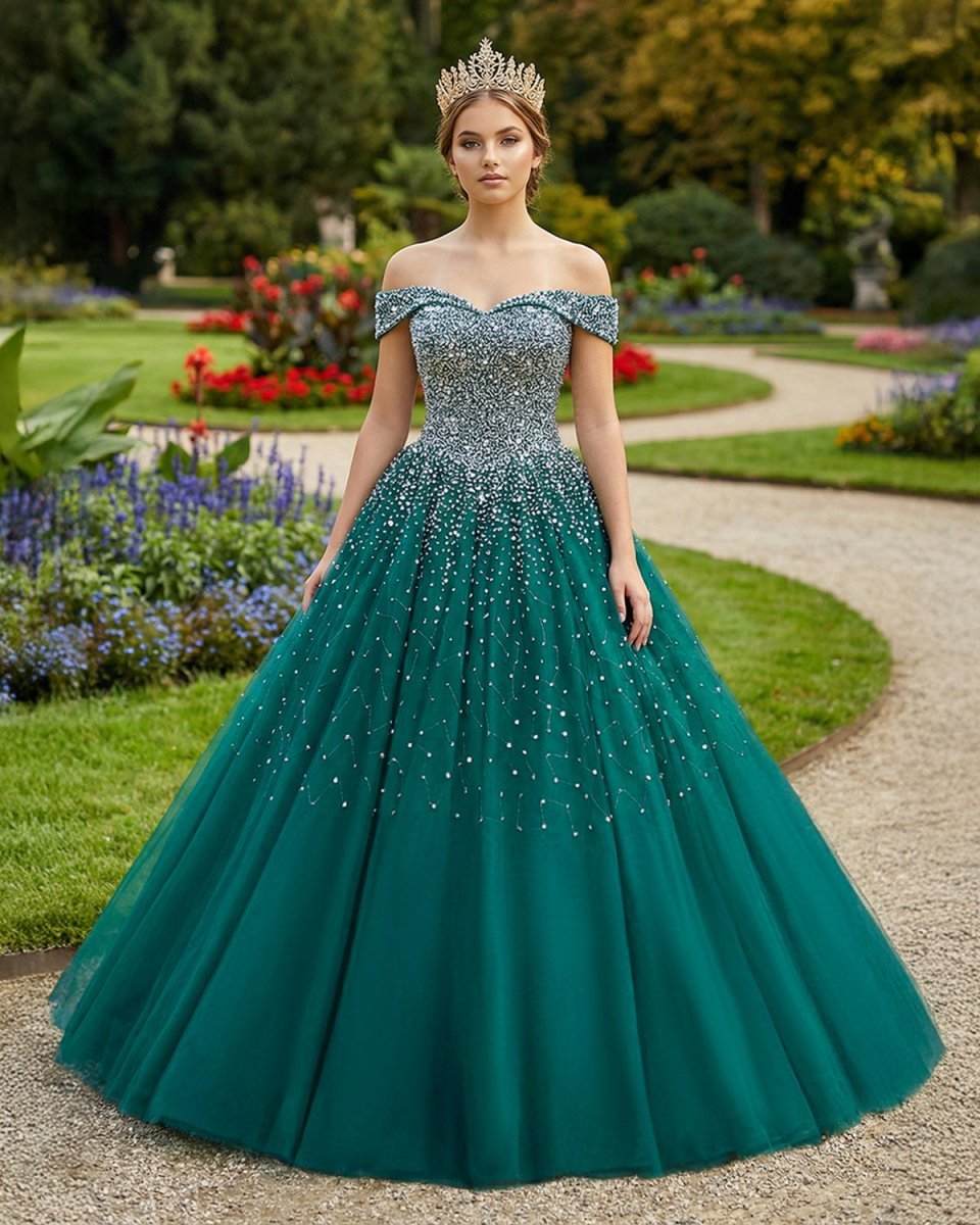 Emerald Green Off The Shoulder Tulle Quinceanera Dresses With Beadings - Curvevia
