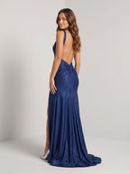Navy Blue Stretch Knit column V-Neck Backless Floor-Length Dress with High Slit - Curvevia
