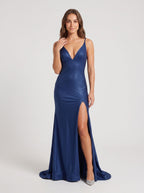 Navy Blue Stretch Knit column V-Neck Backless Floor-Length Dress with High Slit - Curvevia