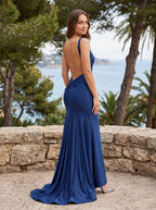Navy Blue Stretch Knit column V-Neck Backless Floor-Length Dress with High Slit - Curvevia