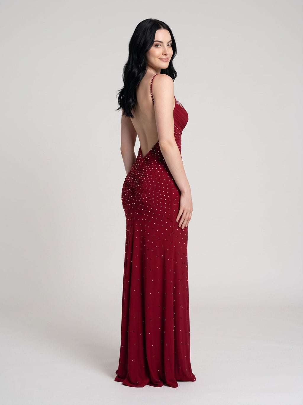 Red Stretch Knit Sheath Sweetheart Backless Floor-Length Dress with Rhinestones - Curvevia