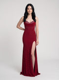 Red Stretch Knit Sheath Sweetheart Backless Floor-Length Dress with Rhinestones - Curvevia