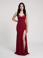 Red Stretch Knit Sheath Sweetheart Backless Floor-Length Dress with Rhinestones - Curvevia