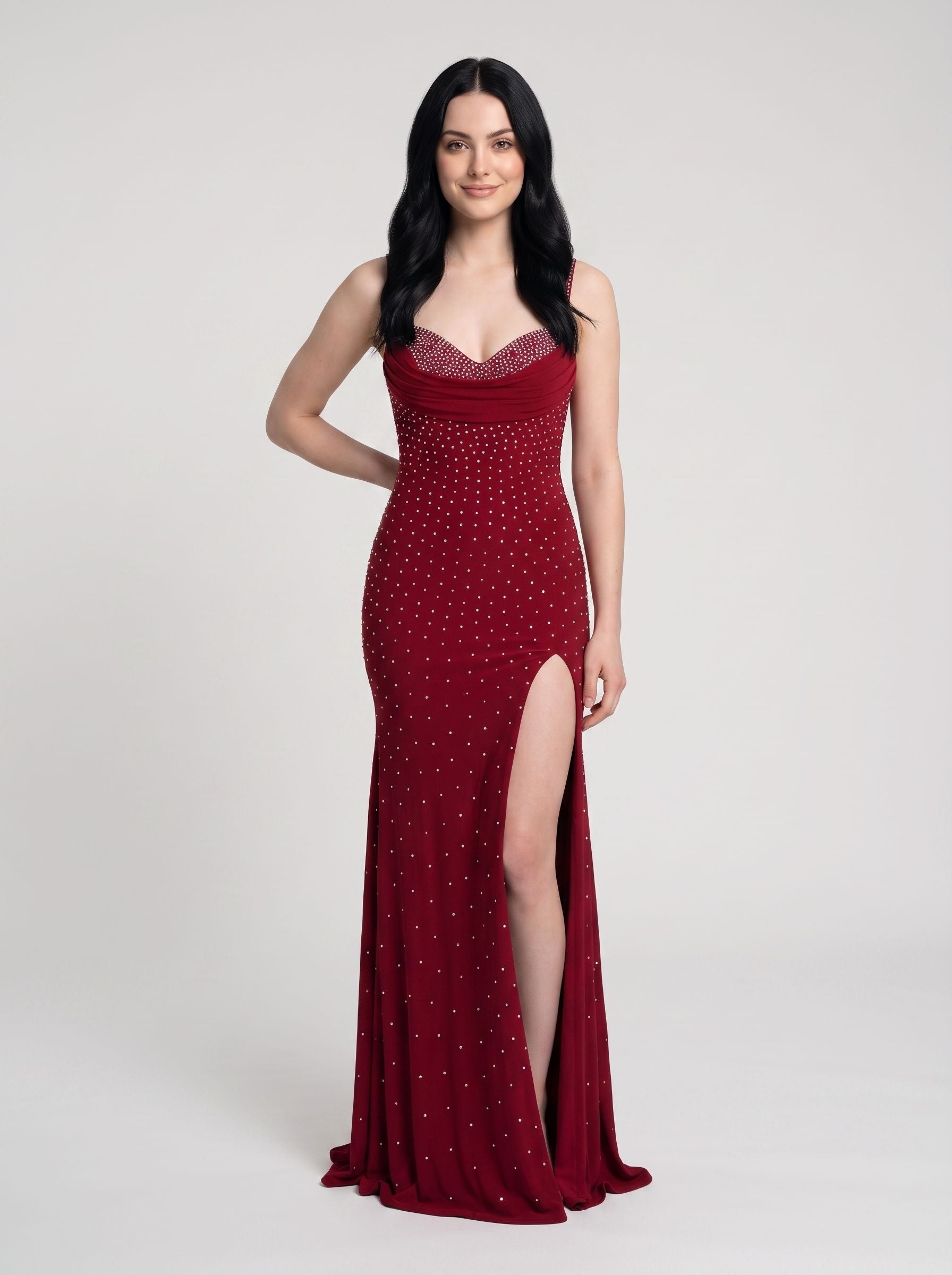 Red Stretch Knit Sheath Sweetheart Backless Floor-Length Dress with Rhinestones - Curvevia