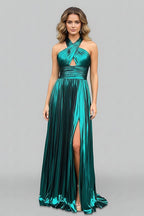 Peacock Blue Halter Neck A-Line Long Evening Dress With Split - Curvevia