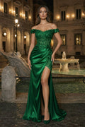 Burgundy Off The Shoulder Mermaid Beaded Satin Long Prom Dresses With Appliques - Curvevia