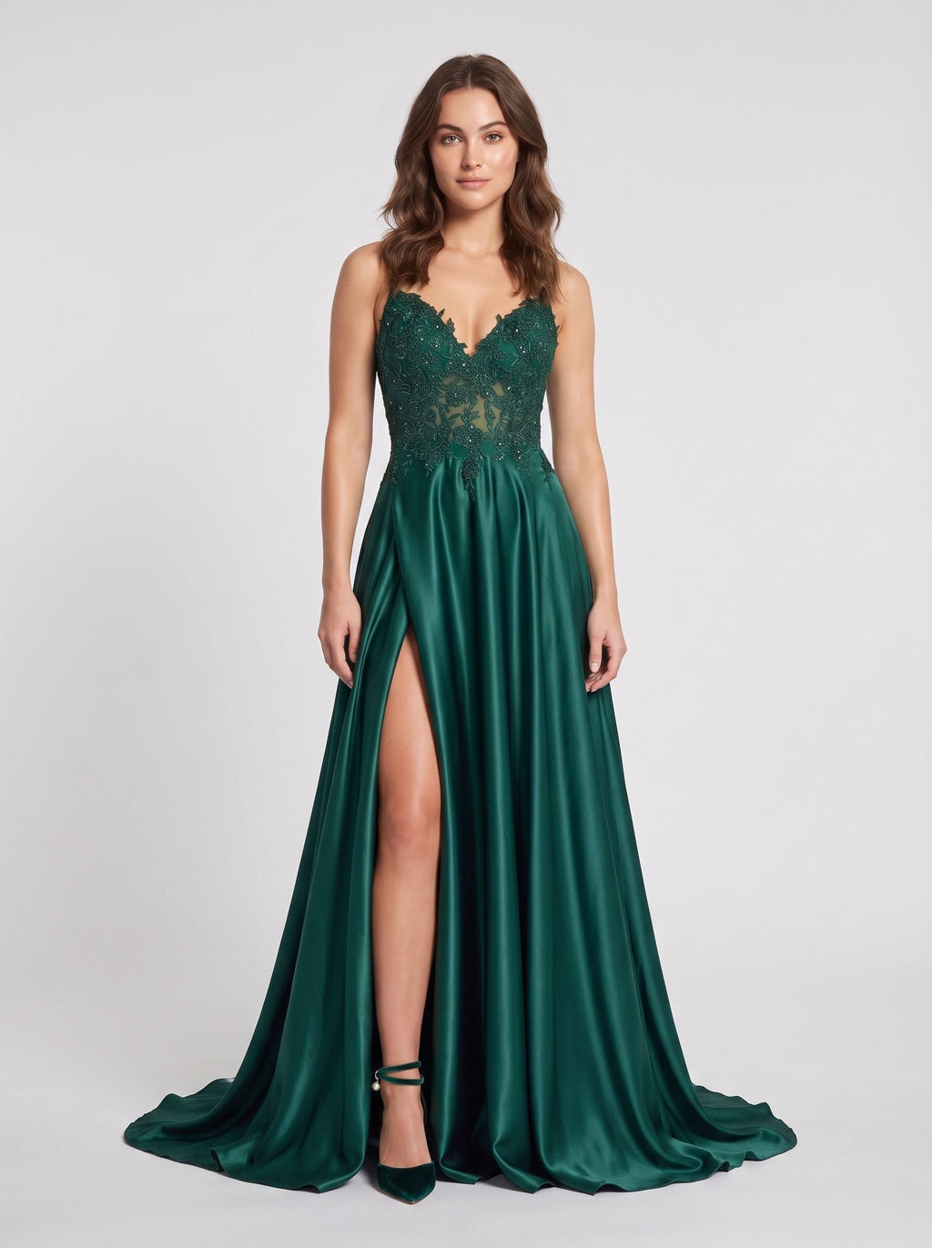 Emerald Satin A-Line V-Neck Corset Back Floor-Length Dress with Side Slit - Curvevia