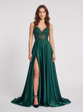 Emerald Satin A-Line V-Neck Corset Back Floor-Length Dress with Side Slit - Curvevia