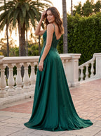 Emerald Satin A-Line V-Neck Corset Back Floor-Length Dress with Side Slit - Curvevia