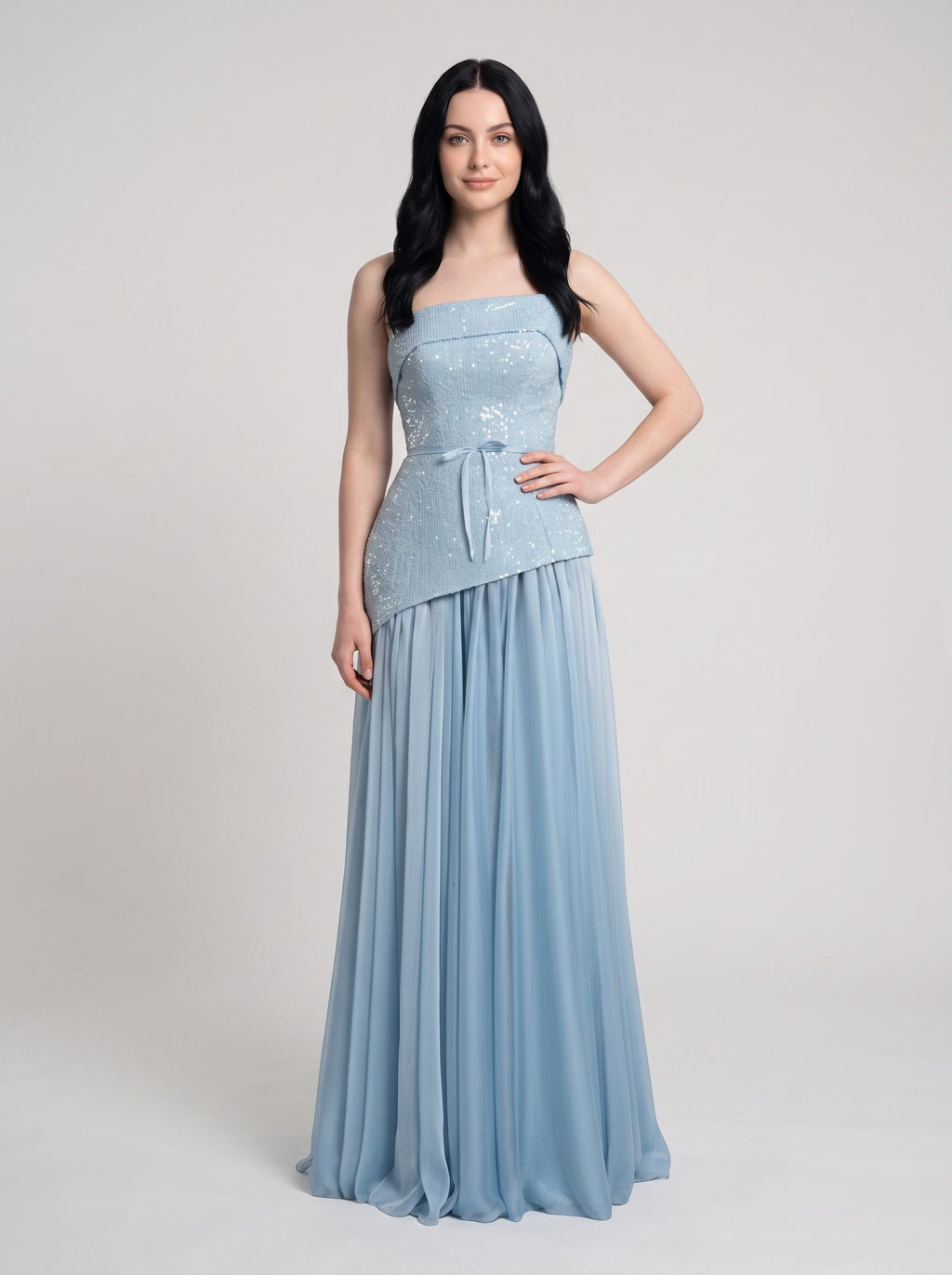 Sky Blue Sequins A-Line Straight Neck Lace-up Floor-Length Dress with Thigh Slit - Curvevia