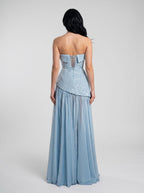 Sky Blue Sequins A-Line Straight Neck Lace-up Floor-Length Dress with Thigh Slit - Curvevia