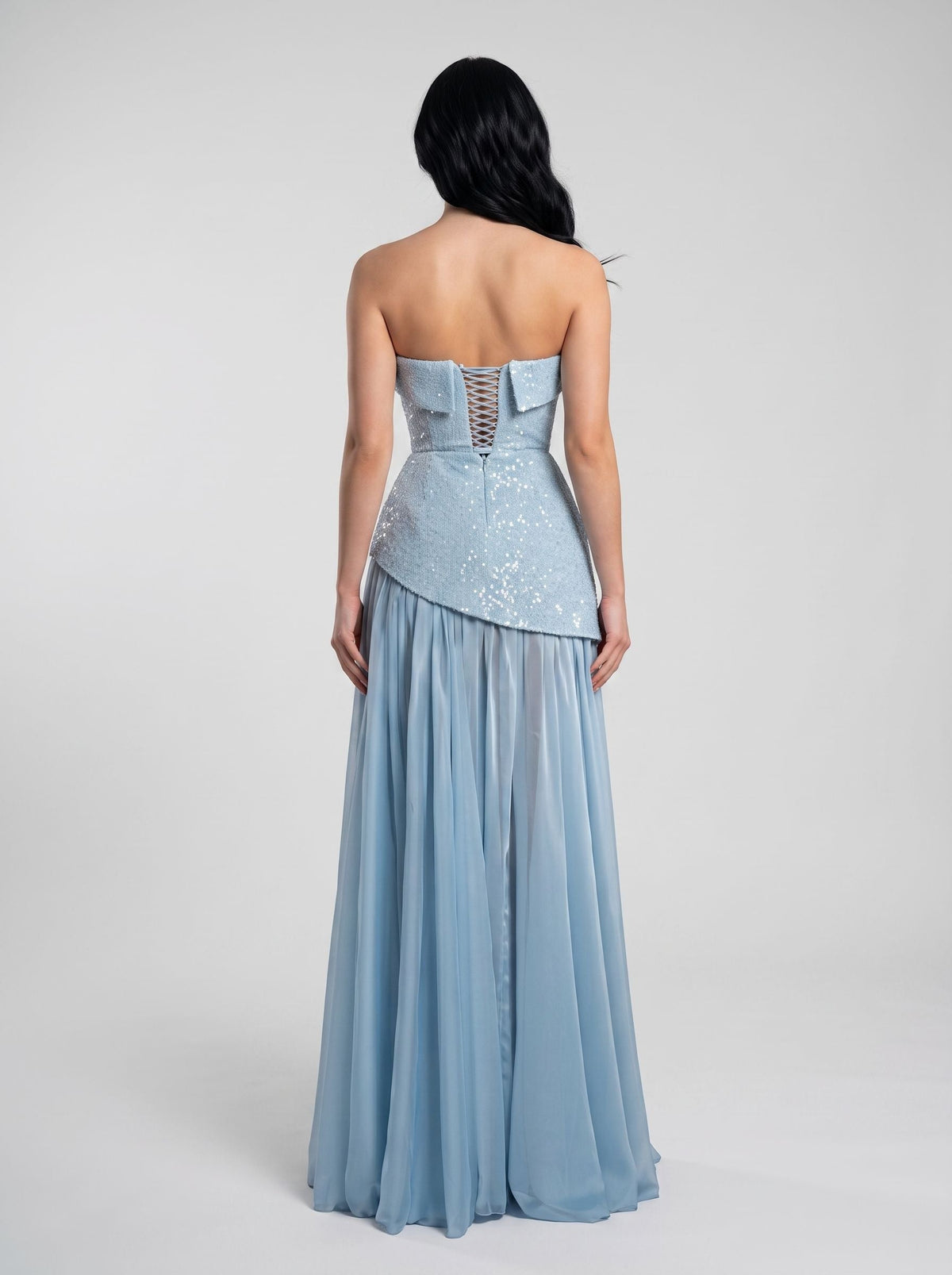 Sky Blue Sequins A-Line Straight Neck Lace-up Floor-Length Dress with Thigh Slit - Curvevia
