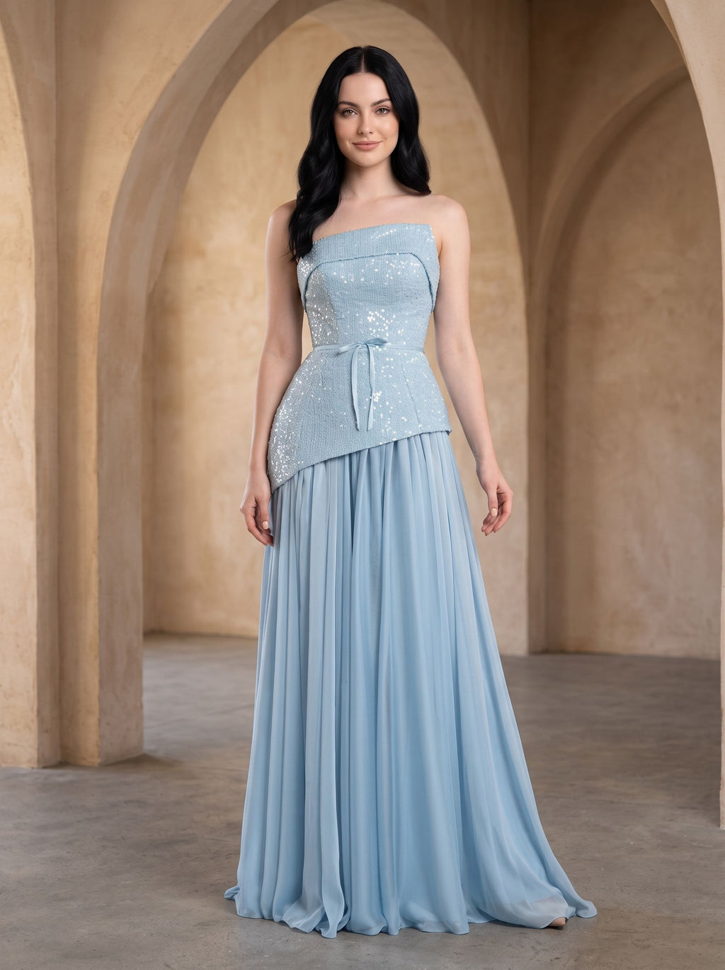 Sky Blue Sequins A-Line Straight Neck Lace-up Floor-Length Dress with Thigh Slit - Curvevia