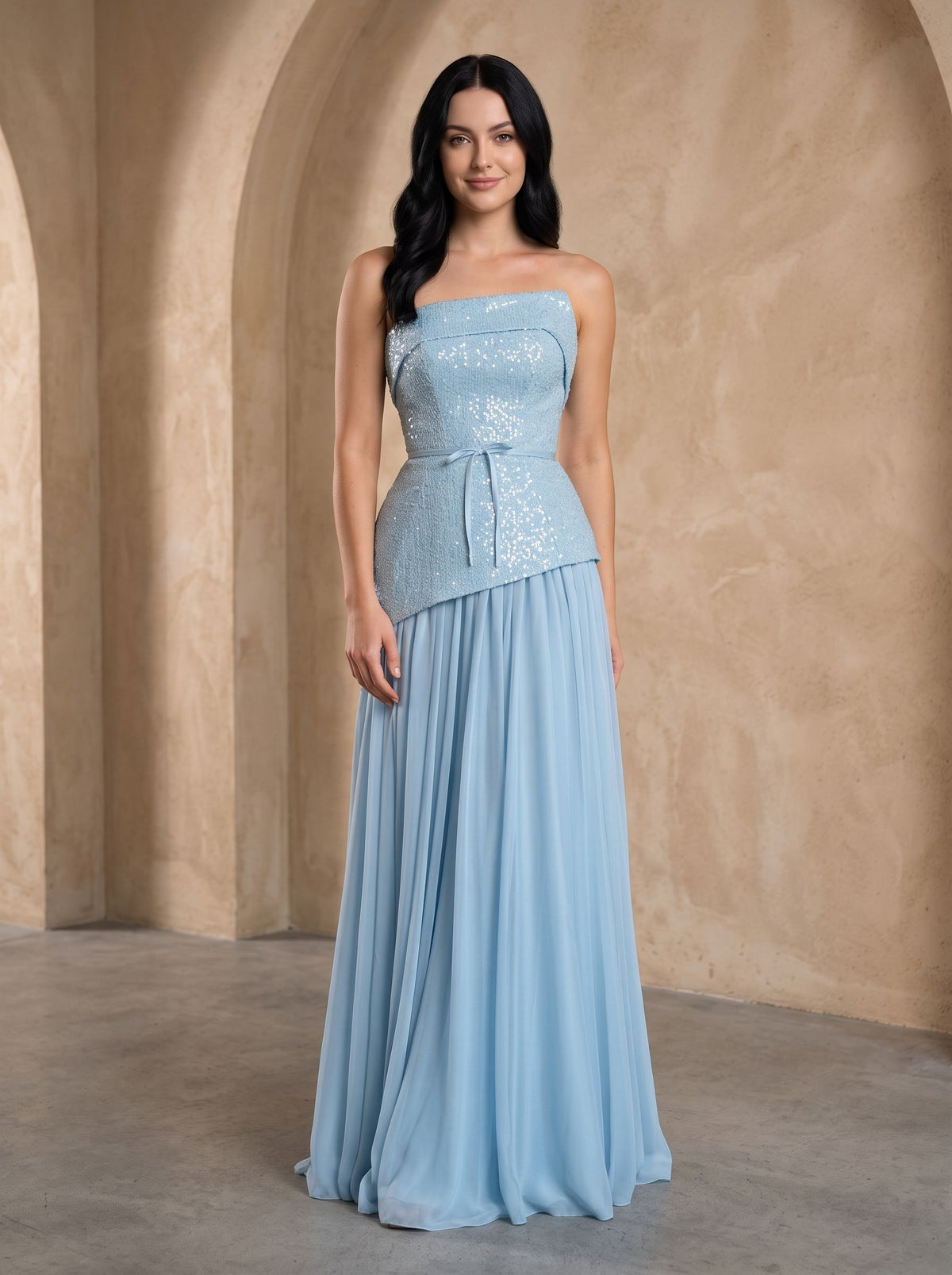Sky Blue Sequins A-Line Straight Neck Lace-up Floor-Length Dress with Thigh Slit - Curvevia
