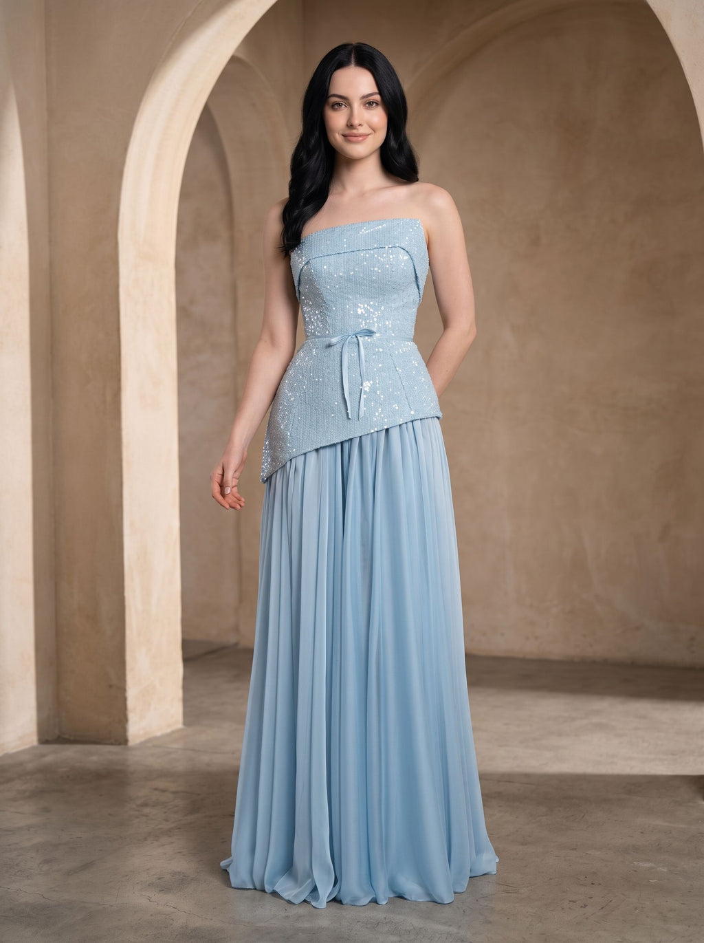 Sky Blue Sequins A-Line Straight Neck Lace-up Floor-Length Dress with Thigh Slit - Curvevia