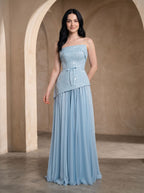 Sky Blue Sequins A-Line Straight Neck Lace-up Floor-Length Dress with Thigh Slit - Curvevia