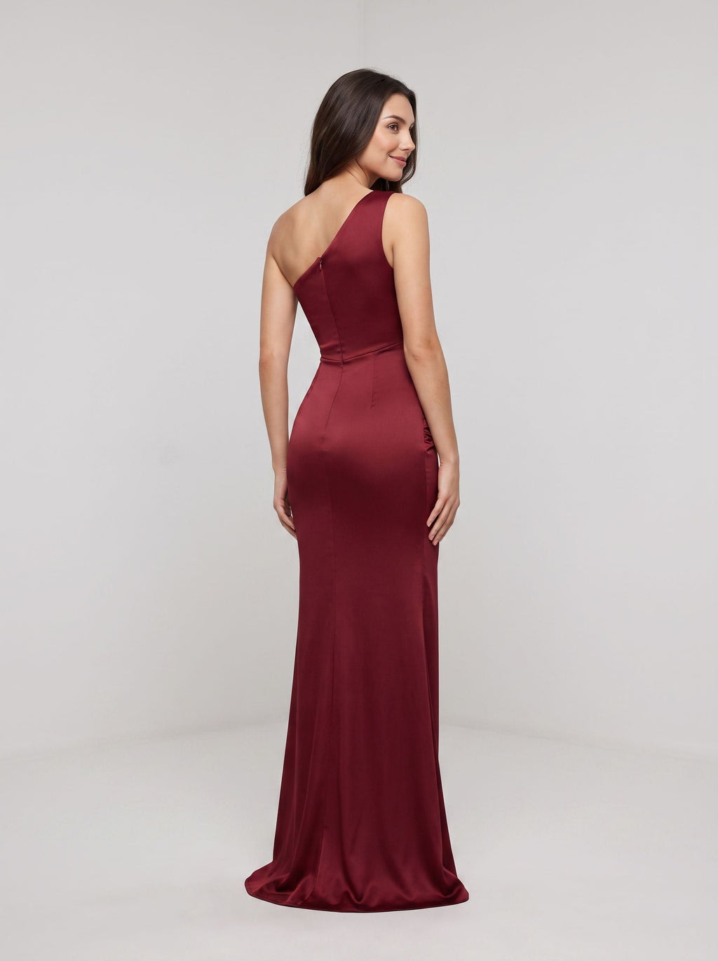 Burgundy Satin Mermaid One Shoulder Back Zip Floor-Length Dress with Ruched Bodice - Curvevia