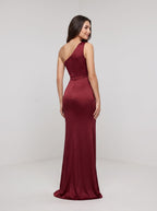 Burgundy Satin Mermaid One Shoulder Back Zip Floor-Length Dress with Ruched Bodice - Curvevia