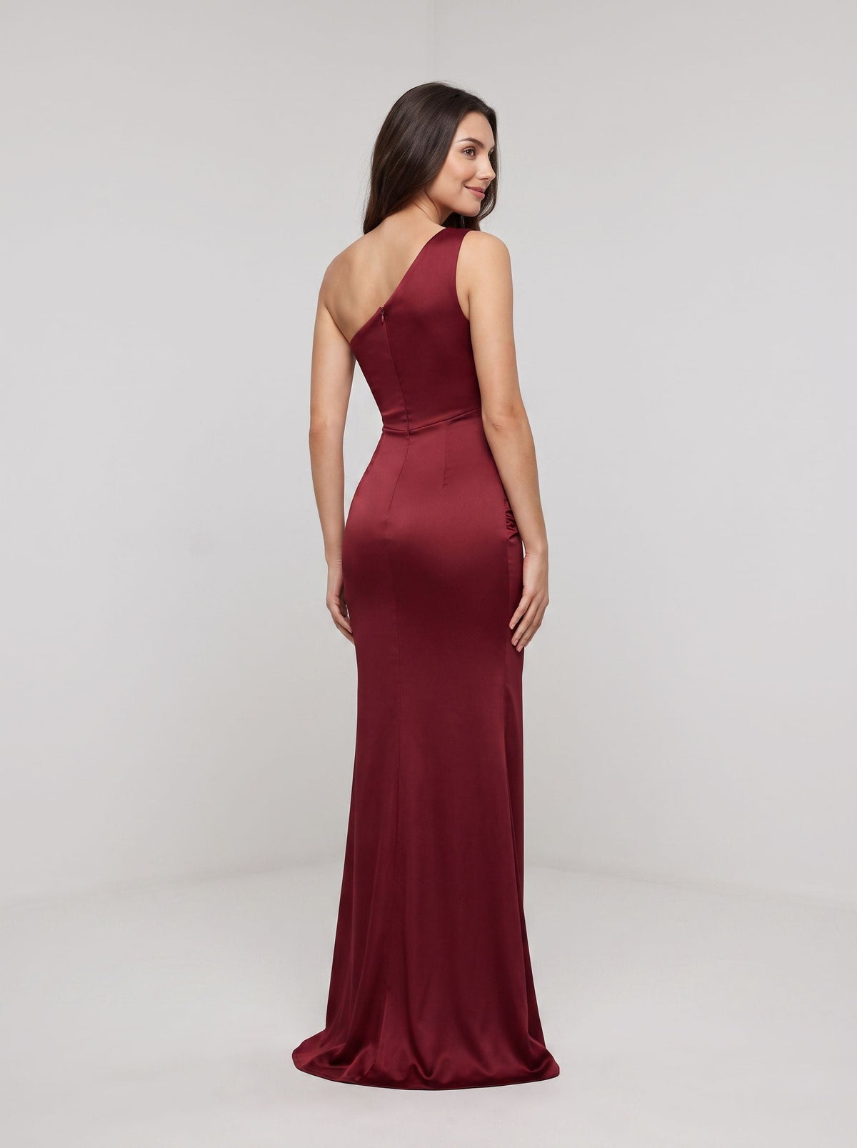 Burgundy Satin Mermaid One Shoulder Back Zip Floor-Length Dress with Ruched Bodice - Curvevia