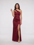 Burgundy Satin Mermaid One Shoulder Back Zip Floor-Length Dress with Ruched Bodice - Curvevia