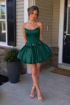 Red - Strapless A Line Satin Short Wedding Guest Dress With Bow - Curvevia