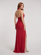 Red Stretch Knit Sheath Halter neckline Backless Floor-Length Dress with Slit - Curvevia