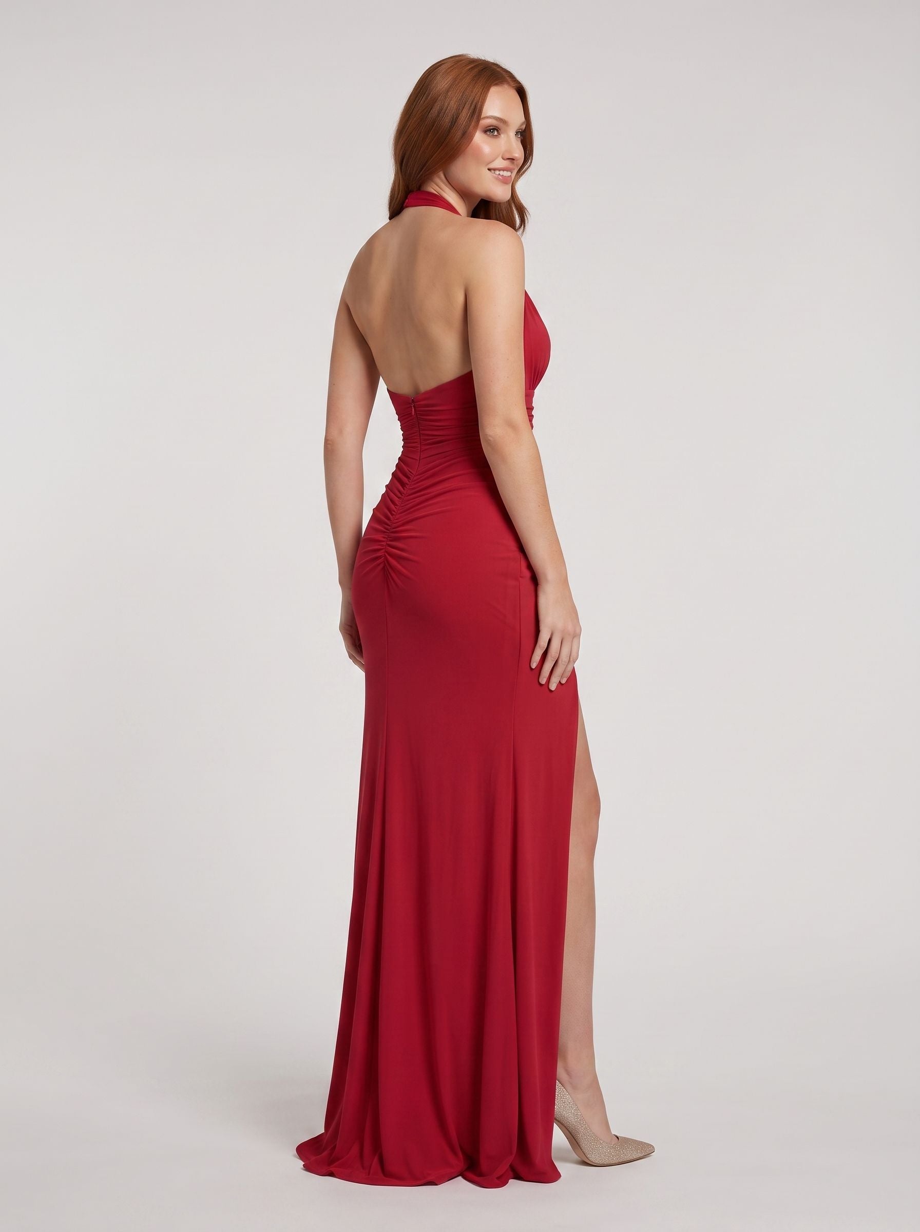 Red Stretch Knit Sheath Halter neckline Backless Floor-Length Dress with Slit - Curvevia