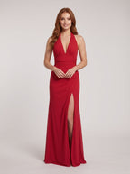 Red Stretch Knit Sheath Halter neckline Backless Floor-Length Dress with Slit - Curvevia