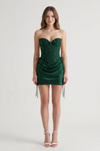 Pink Sweetheart Sheath Corset Ruched Satin Homecoming Dress with Beading - Curvevia