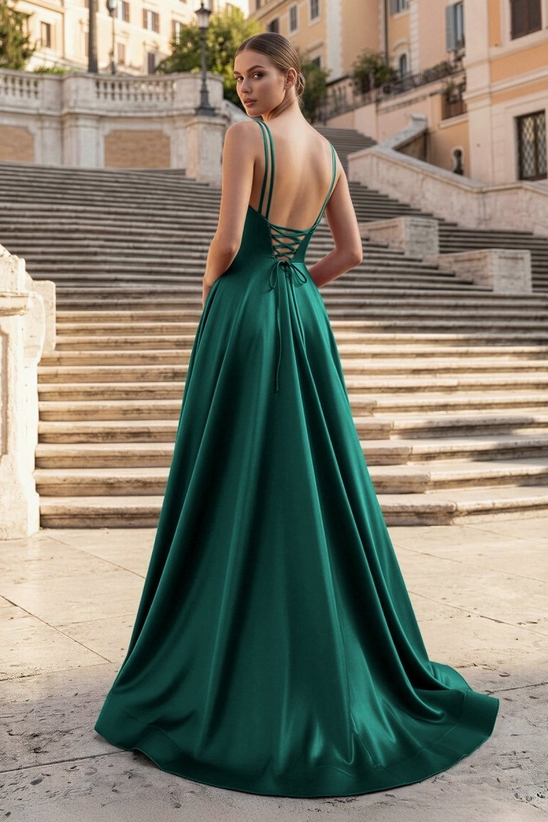 Burgundy Spaghetti Straps A Line Satin Long Prom Dresses With Slit - Curvevia