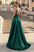 Burgundy Spaghetti Straps A Line Satin Long Prom Dresses With Slit - Curvevia