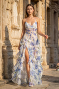 Blue A-Line Chiffon Spaghetti Strap Prom Dresses - Curvevia