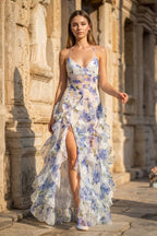 Blue A-Line Chiffon Spaghetti Strap Prom Dresses - Curvevia
