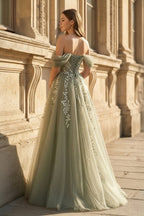 Gray Green Off The Shoulder Tulle Wedding Guest Dress With Appliques - Curvevia