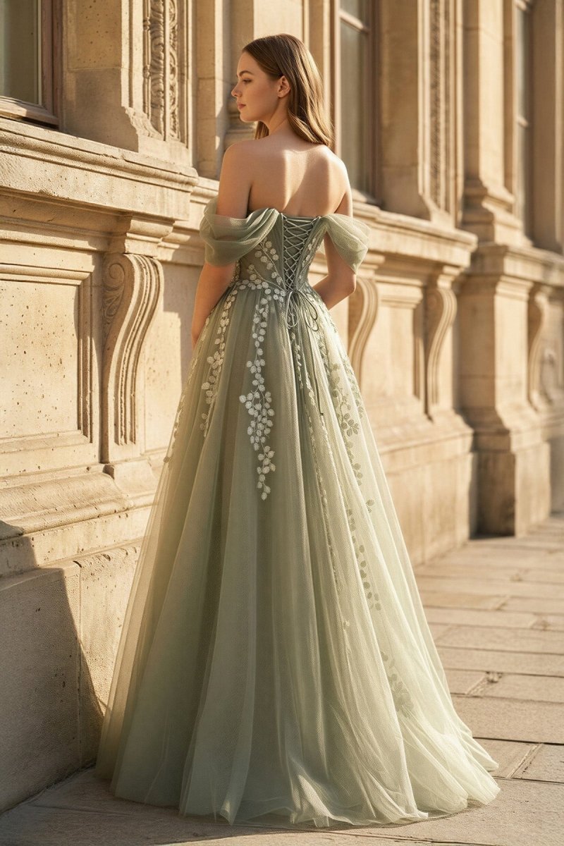Gray Green Off The Shoulder Tulle Wedding Guest Dress With Appliques - Curvevia