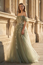 Gray Green Off The Shoulder Tulle Wedding Guest Dress With Appliques - Curvevia