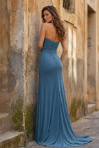 Mermaid Strapless Satin Long Evening Dress With Split - Curvevia