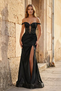 Mermaid Off The Shoulder Pink Satin Long Evening Dress With Split - Curvevia