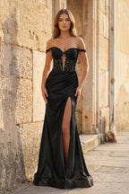 Mermaid Off The Shoulder Pink Satin Long Evening Dress With Split - Curvevia