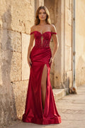 Mermaid Off The Shoulder Pink Satin Long Evening Dress With Split - Curvevia