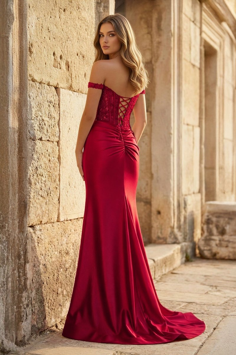 Mermaid Off The Shoulder Pink Satin Long Evening Dress With Split - Curvevia